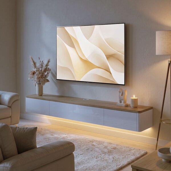HOMCOM Comodă Tv Suspendată Până la 65", cu 2 Sertare, Dulap, Iluminare Led Rgb și Priză Integrată, Alb și Aspect Lemn | Aosom Romania
