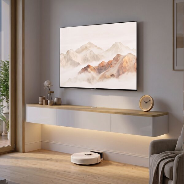 HOMCOM Comodă Tv Suspendată Până la 65", cu 2 Sertare, Dulap, Iluminare Led Rgb și Priză Integrată, Alb și Aspect Lemn | Aosom Romania