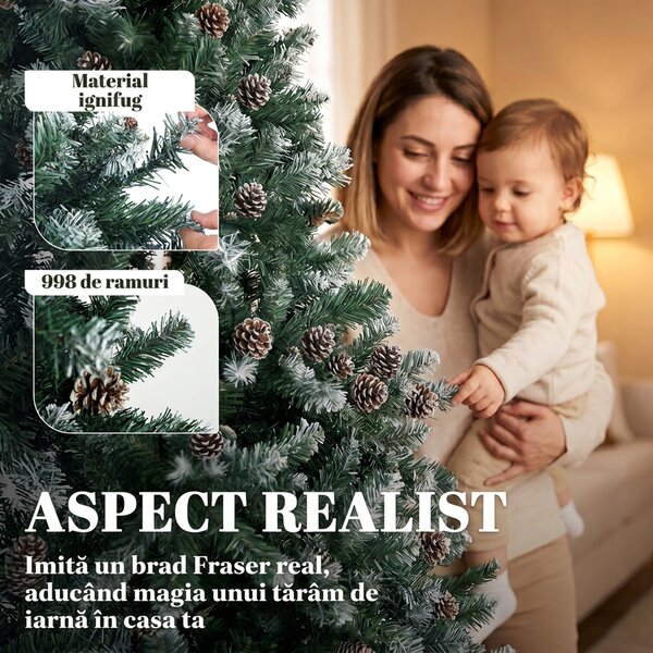 HOMCOM Brad Crăciun Artificial 210cm, 998 Ramuri Ninse Conuri Pin, Deschidere Automată, Bază Pliabilă, Verde | Aosom Romania