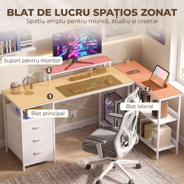HOMCOM Birou Colțar a L Con Prize, Bianca | Aosom Romania