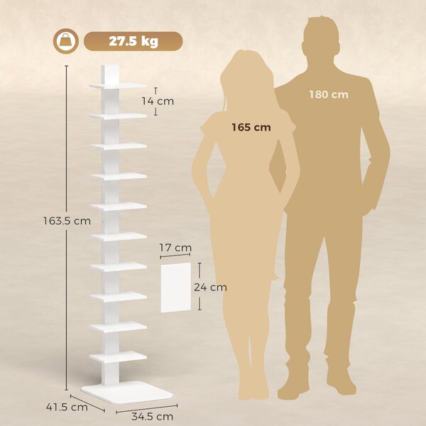 HOMCOM Bibliotecă Verticală cu 11 Rafturi, Structură din Oțel, Economie Spațiu, 34,5x41,5x163,5 cm, Alb | Aosom Romania