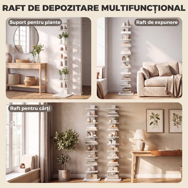 HOMCOM Bibliotecă Verticală cu 11 Rafturi, Structură din Oțel, Economie Spațiu, 34,5x41,5x163,5 cm, Alb | Aosom Romania