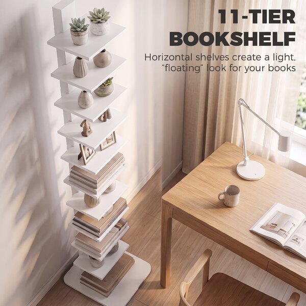 HOMCOM Bibliotecă Verticală cu 11 Rafturi, Structură din Oțel, Economie Spațiu, 34,5x41,5x163,5 cm, Alb | Aosom Romania