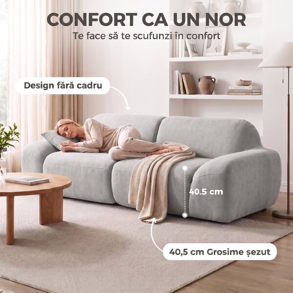 HOMCOM Canapea 3 Locuri cu Șezut Larg și Tapițerie Chenille, Spumă, 244x95x70 cm, Gri Deschis | Aosom Romania