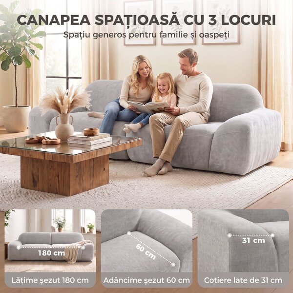 HOMCOM Canapea 3 Locuri cu Șezut Larg și Tapițerie Chenille, Spumă, 244x95x70 cm, Gri Deschis | Aosom Romania