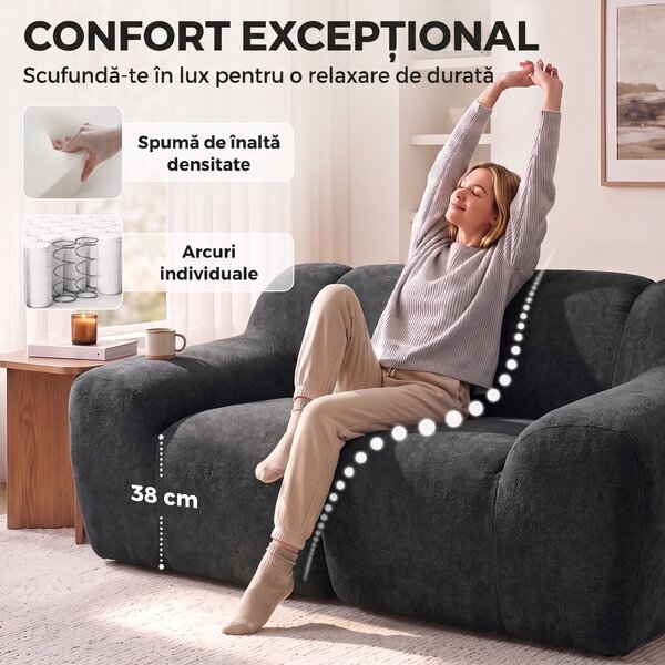 HOMCOM Canapea 2 Locuri din Chenille Fără Structură, cu Șezut Larg și Brațe Largi, 174x91x61 cm, Gri Închis | Aosom Romania