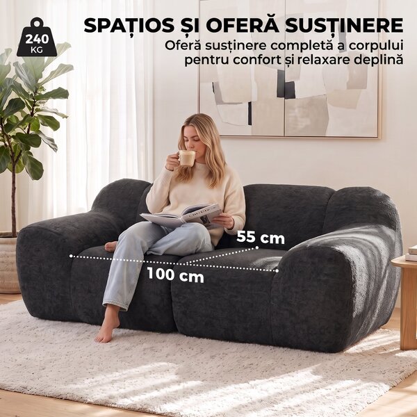 HOMCOM Canapea 2 Locuri din Chenille Fără Structură, cu Șezut Larg și Brațe Largi, 174x91x61 cm, Gri Închis | Aosom Romania