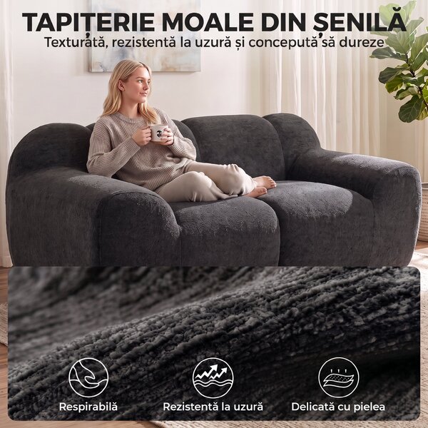HOMCOM Canapea 2 Locuri din Chenille Fără Structură, cu Șezut Larg și Brațe Largi, 174x91x61 cm, Gri Închis | Aosom Romania