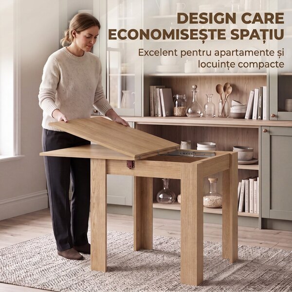 HOMCOM Masă de Dining Pliabilă pentru 4 Persoane, Rabatabilă cu Ghidaje din Oțel, PAL, 140x70x77 cm, Stejar | Aosom Romania