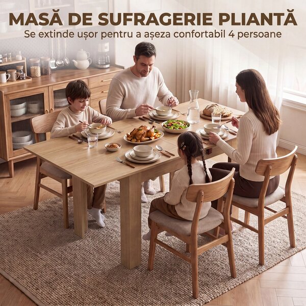 HOMCOM Masă de Dining Pliabilă pentru 4 Persoane, Rabatabilă cu Ghidaje din Oțel, PAL, 140x70x77 cm, Stejar | Aosom Romania