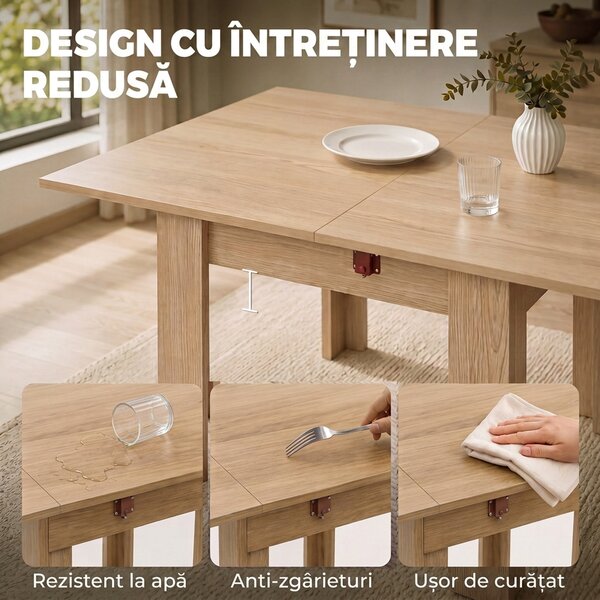 HOMCOM Masă de Dining Pliabilă pentru 4 Persoane, Rabatabilă cu Ghidaje din Oțel, PAL, 140x70x77 cm, Stejar | Aosom Romania