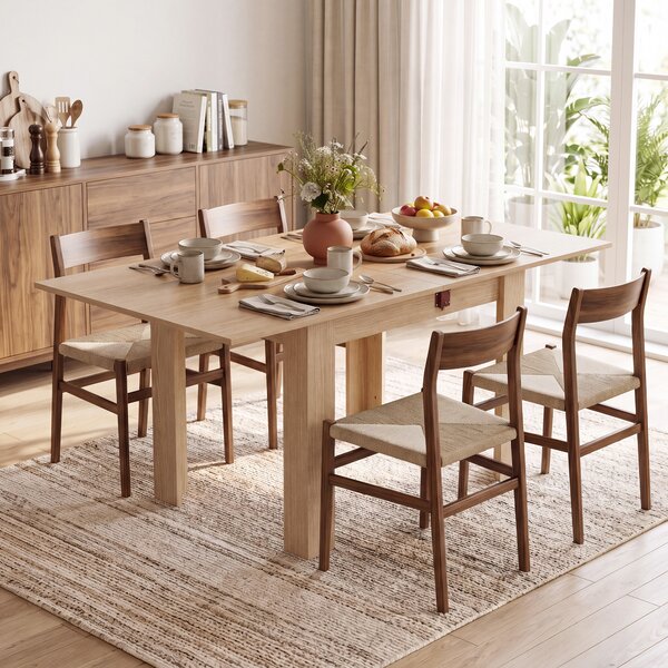 HOMCOM Masă de Dining Pliabilă pentru 4 Persoane, Rabatabilă cu Ghidaje din Oțel, PAL, 140x70x77 cm, Stejar | Aosom Romania