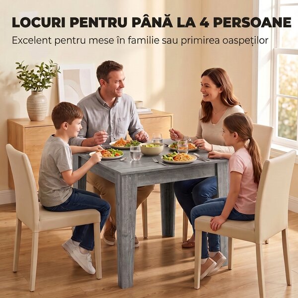 HOMCOM Masă de Sufragerie pentru 4 Persoane, Masă de Bucătărie Pătrată 80 x 80 x 75 Cm cu Piciorușe Antiderapante, Gri cu Efect de Lemn | Aosom Romania