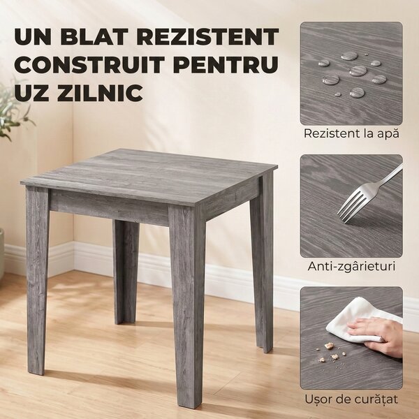 HOMCOM Masă de Sufragerie pentru 4 Persoane, Masă de Bucătărie Pătrată 80 x 80 x 75 Cm cu Piciorușe Antiderapante, Gri cu Efect de Lemn | Aosom Romania