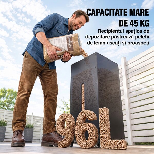 Outsunny Container pentru Peleți 45 Kg cu Roți, Capac, Fereastră și Sită, Negru | Aosom Romania