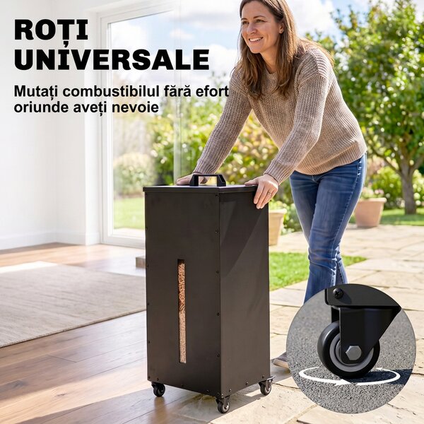 Outsunny Container pentru Peleți 45 Kg cu Roți, Capac, Fereastră și Sită, Negru | Aosom Romania