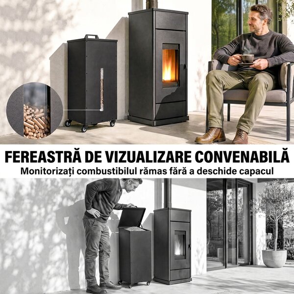 Outsunny Container pentru Peleți 45 Kg cu Roți, Capac, Fereastră și Sită, Negru | Aosom Romania