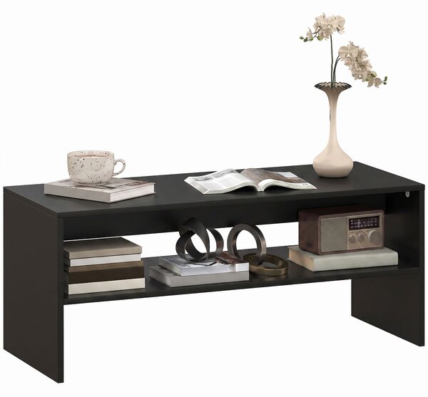 HOMCOM Măsuță de Cafea Modernă cu 2 Niveluri, Raft Deschis, PAL, Picioare, 100x40x41,5 cm, Negru | Aosom Romania