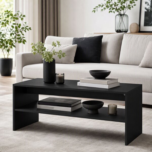HOMCOM Măsuță de Cafea Modernă cu 2 Niveluri, Raft Deschis, PAL, Picioare, 100x40x41,5 cm, Negru | Aosom Romania