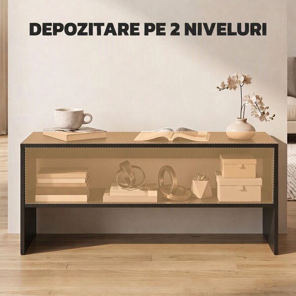 HOMCOM Măsuță de Cafea Modernă cu 2 Niveluri, Raft Deschis, PAL, Picioare, 100x40x41,5 cm, Negru | Aosom Romania