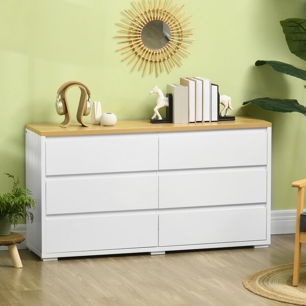 HOMCOM Comodă Depozitare, 6 Sertare, Mobilier Dormitor/Cameră de Zi, Alb/Lemn Natural | Aosom Romania