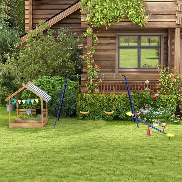 Outsunny Set de leagan pentru copii, Cadru metalic de leagan pentru exterior cu scaune duble de leagan, tarusi de sol