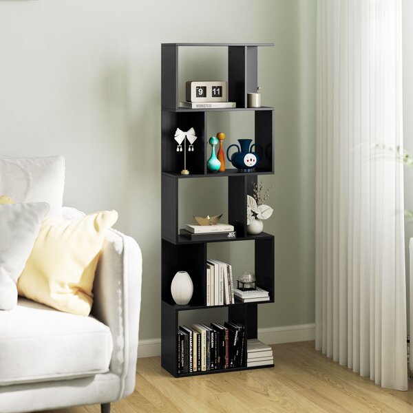 HOMCOM Bibliotecă cu 5 Rafturi Divizate în Formă de S din Lemn, 60x24x184.5 cm, Negru | Aosom Romania