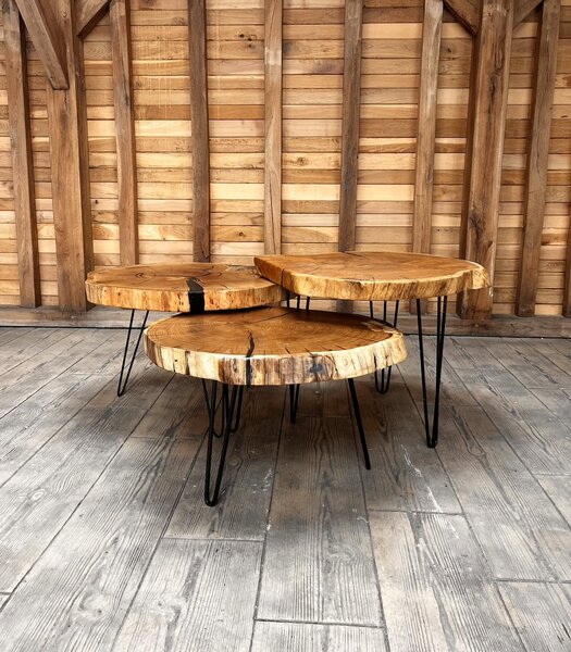 Trio Oak & Resin – Set 3 Măsuțe de Cafea din Rondelă de Stejar