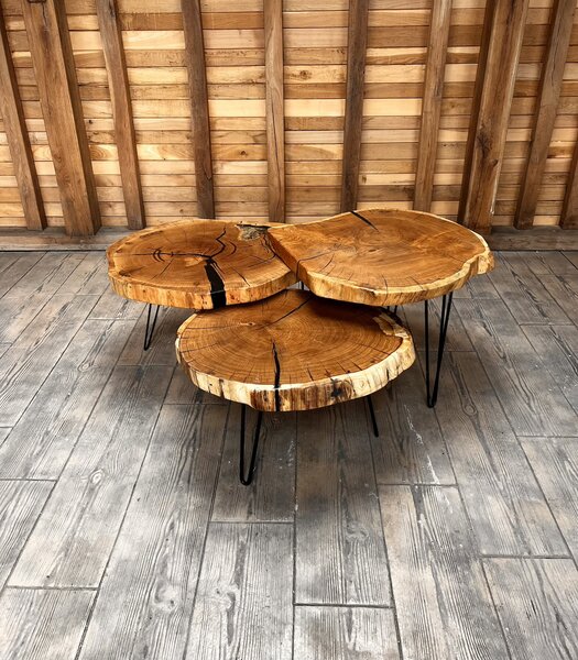 Trio Oak & Resin – Set 3 Măsuțe de Cafea din Rondelă de Stejar