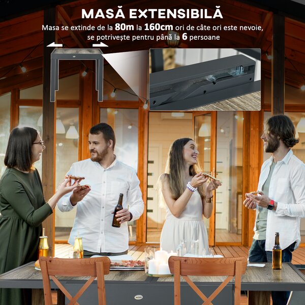 Outsunny Masă de Grădină Extensibilă 80/160x80x75 cm, Masă de Dining pentru 6 Persoane Dreptunghiulară din Aluminiu cu Blat din Plastic, pentru Terasă, Balcon și Exterior, Bej | Aosom Romania
