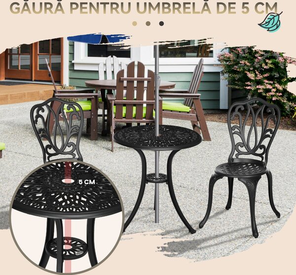 Outsunny Set de Grădină Exterior, Masă Rotundă și Scaune din Aluminiu, Masă de Bistrou cu Orificiu pentru Umbrelă, Mobilier pentru Terasă, Grădini, Verande, Balcoane, Lângă Piscină – Negru | Aosom Romania