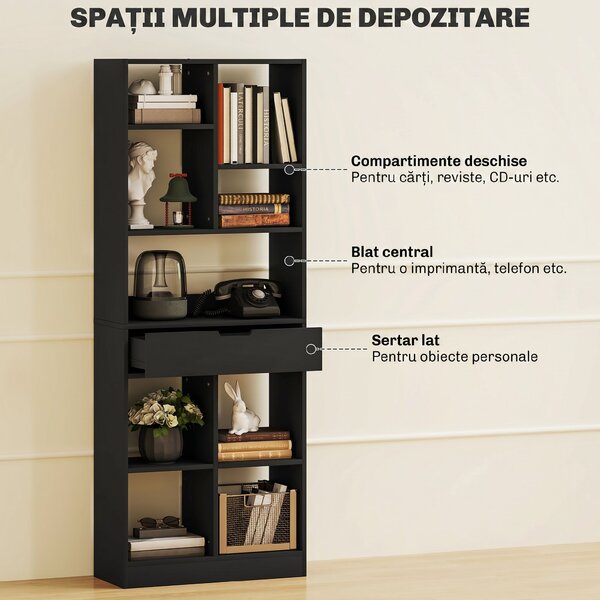 HOMCOM Bibliotecă Modernă din Lemn cu Sertar Central și Kit Antirăsturnare, 60x26x158 cm, Negru | Aosom Romania