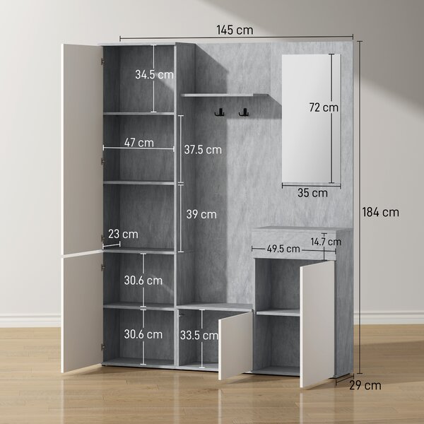 HOMCOM Mobilier 4 în 1 cu Oglindă, Cuiere și Rafturi Interioare Reglabile, Mobilier Multifuncțional, 145x29x184 cm, Gri | Aosom Romania