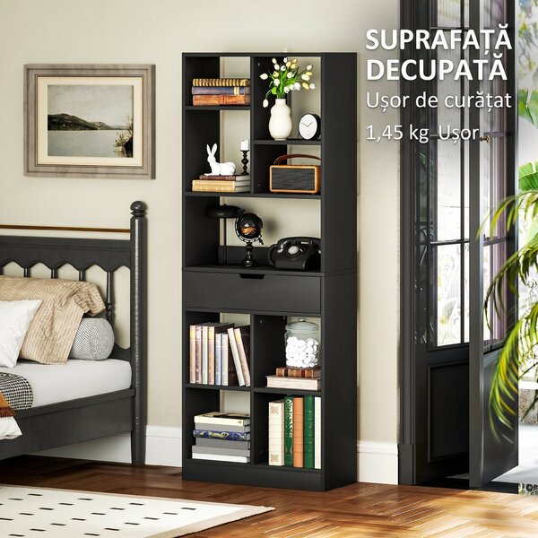 HOMCOM Bibliotecă Modernă din Lemn cu Sertar Central și Kit Antirăsturnare, 60x26x158 cm, Negru | Aosom Romania