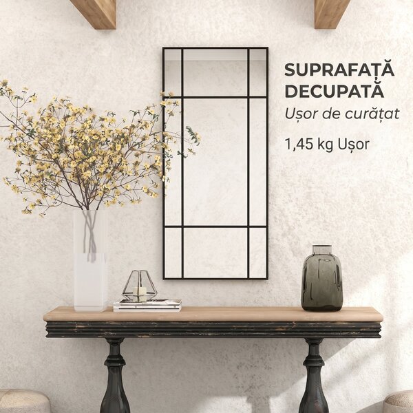 HOMCOM Oglindă de Perete Stil Fereastră Montaj Vertical Orizontal 110x50cm Negru | Aosom Romania