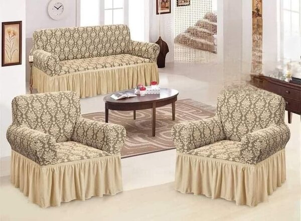 Set huse elastice pentru canapea 3 Locuri si 2 fotolii, cu volanas, model Jacquard Bej