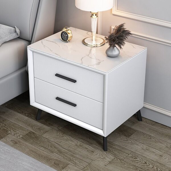 Noptiera 2HOME, Marble, Alb-crem