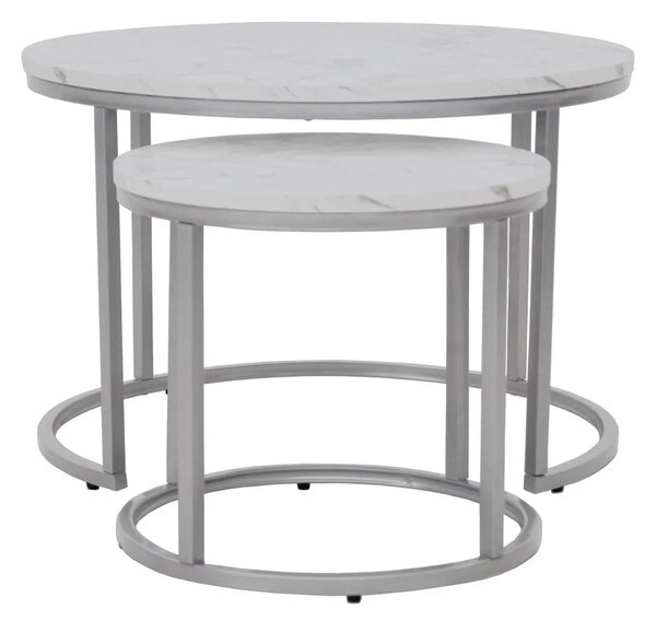 Set masute cafea rotunde PAOLA, alb cu efect de marmura/argintiu