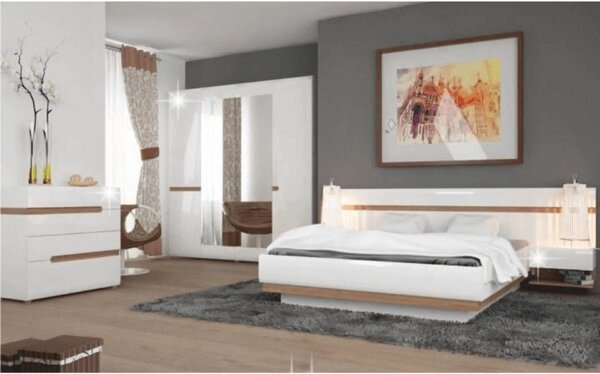 Cadru pat LYNATET TYP 91, 140x200, alb lucios/stejar inchis, PAL lamin