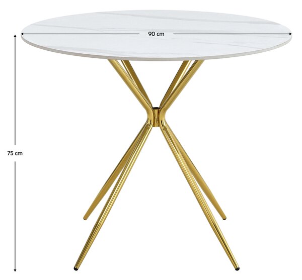 KONDELA Masă de bucătărie, marmură albă/gold crom aurie, diametru 90 cm, MEKNER