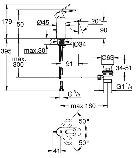 Baterie baie lavoar marimea S Grohe Bauloop,monocomanda, furtune flexibile,crom -23335000