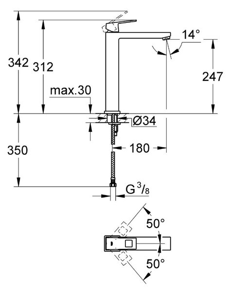 Baterie baie lavoar inalta montare blat Grohe Eurocube, crom, furtune flexibile-23406000