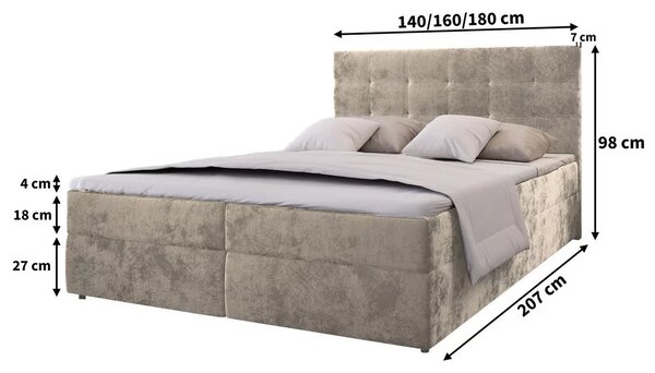 Pat tapițat boxspring GLORIEN VELVET 140x200 cm albastru Saltea: Saltea cu arcuri Bonell