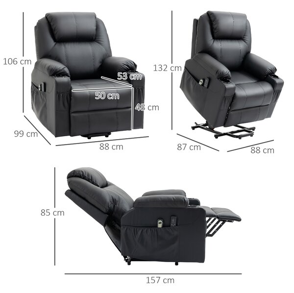 HOMCOM Scaun cu Ridicare Electrică, Masaj, Telecomandă și Buzunare Laterale pentru Vârstnici, din Piele PU, 88x92x106 cm, Negru | Aosom Romania
