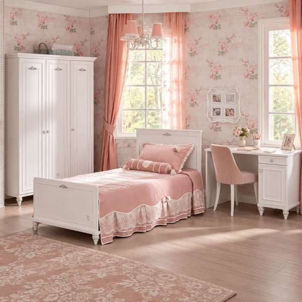 Set mobilier camera copii si adolescenti Romantica , Pat 120x200 cm, Dulap 3 usi si Birou