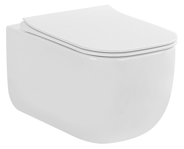 Set vas WC suspendat, Fluminia, Orion, rimless, cu fixare ascunsă, capac soft close, quick release, alb
