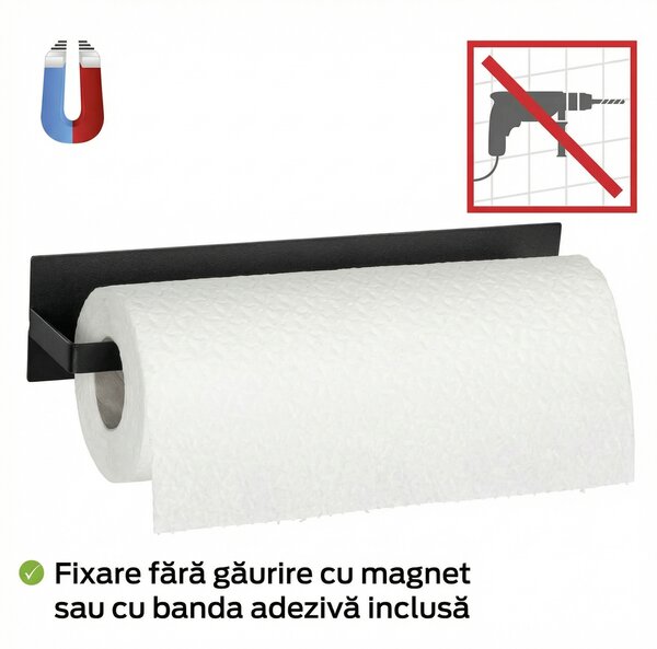 Suport magnetic pentru rola de hârtie de bucătărie, negru, 30 cm