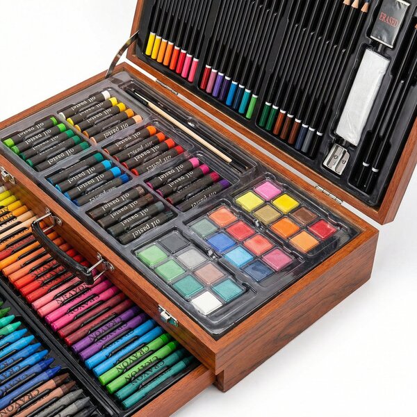 Set de pictură și desen în cutie din lemn, 143 de piese