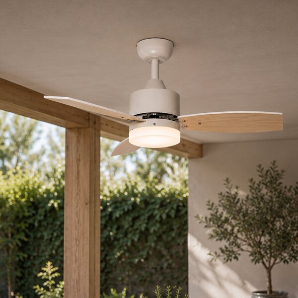 Ventilator de tavan de exterior alb cu imprimeu de lemn 91,3 cm, inclusiv LED cu dimmer cu telecomandă IP44 - Toledo