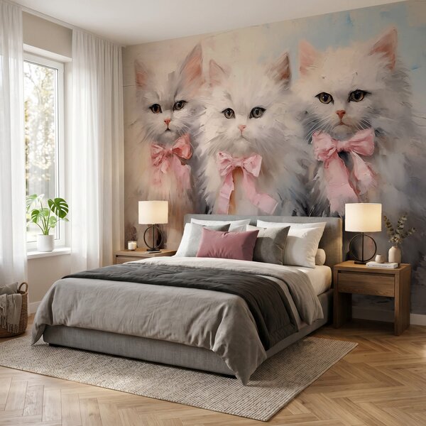 Fototapet Grup de pisici albe cu fundițe roz, Fototapet animale, Fototapet populare, t00699 - Tapeko.ro